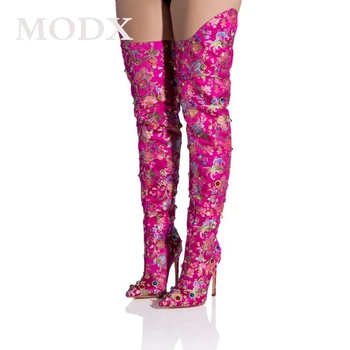 Ботуши над коляното с украса от скъпоценни камъни 2023, зимните модни розово-червени луксозни пикантни дълги ботуши, обувки за подиум с остри пръсти, Botas De Mujer