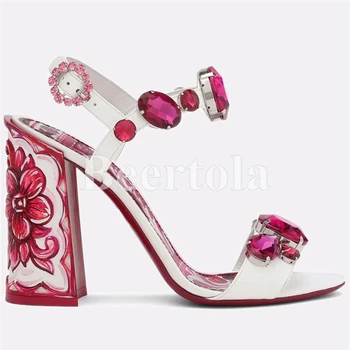 Дамски сандали на висока масивна ток с принтом, розови сандали с каишка и катарама с диаманти, нови пикантен дамски официални обувки с кристали
